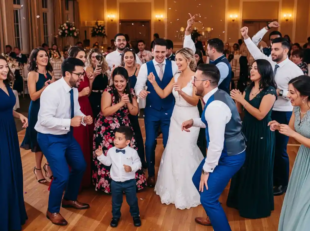 Grupa gości weselnych tańczą energicznie na sali weselnej, gdzie gra muzyka weselna
