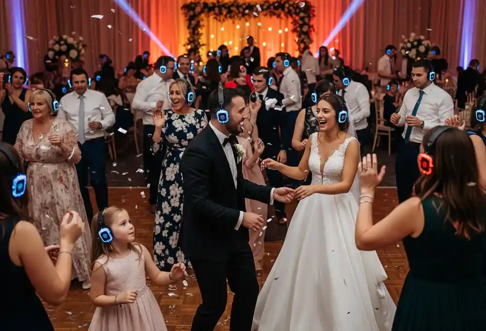 Goście weselni oraz para młoda tańczący na parkiecie w świecących na niebiesko i czerwono słuchawkach na których gra muzyka weselna podczas wesela w stylu silent disco.